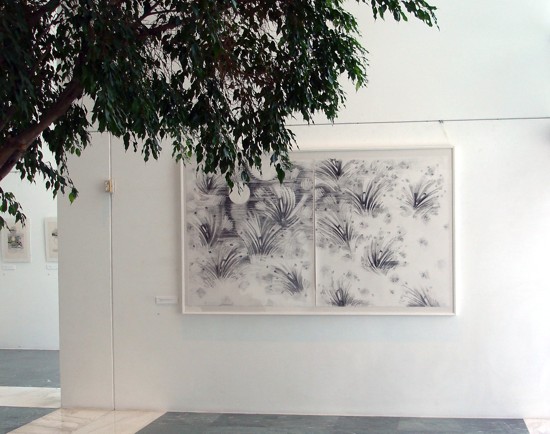 Universal Rhythm Series, Drawing 7 shown at a solo exhibit of artist�s work. Large mural size diptych, graphite on Arches hot-pressed paper, Fine Art by Sor�. Image copyright 2013 by Susana Sori