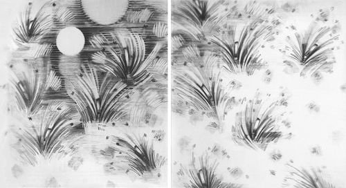 Universal Rhythm Series, Drawing 7. Large mural size diptych, graphite on Arches hot-pressed paper, 8.5 feet by 5 feet. Fine Art by Sor�. Image copyright 2013 by Susana Sori